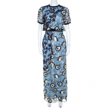 Pre Owned Self Portrait Blue Floral Embroidered Layered Florentine Maxi Dress S