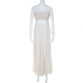 Pre Owned Self Portrait Cream Crepe Crochet Bodice Maxi Dress M