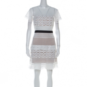 Pre Owned Self Portrait White Oblique Lace Contrast Waist Trim Mini Dress M 