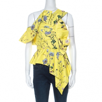 Pre Owned Self-Portrait Yellow Floral Print Crepe Asymmetric Peplum Top S