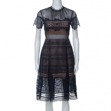 مملوكة مسبقًا Self Portrait Navy Blue Mesh Yoke Guipure Lace Fit & Flare Felicia Dress S