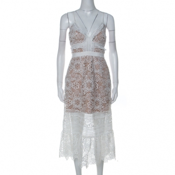 Pre Owned Self Portrait White Guipure Lace Sheer Ruffled Hem Floral Blush Midi Dress M