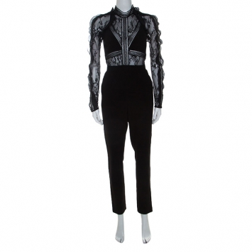 Pre Owned Self Portrait Black Stretch Knit and Lace Bodice Fitted Jumpsuit S