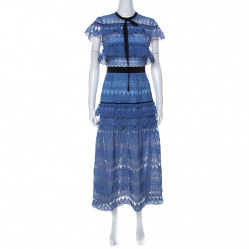 Pre Owned Self-Portrait Blue Teardrop Guipure Lace Ruffled Daphne Midi Dress M