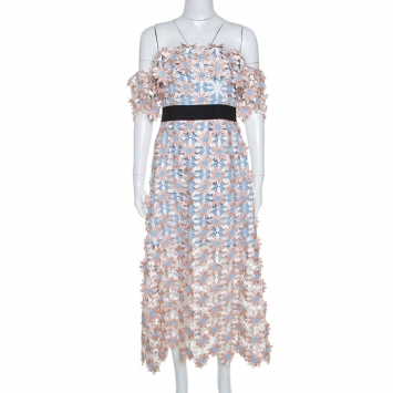 Pre Owned Self-Portrait Peach Floral Lace Applique Off Shoulder Midi Dress M