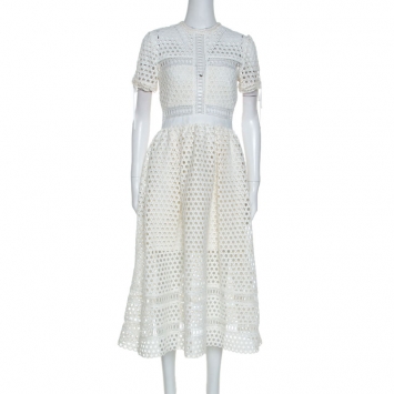 Pre Owned Self-Portrait White Crochet Knit Midi Dress M