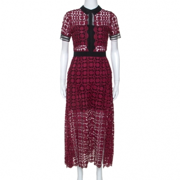 Pre Owned Self Portrait Burgundy Contrast Trim Detail Embroidered Lace Dress S