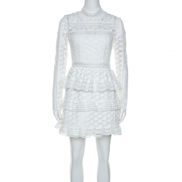 Pre Owned Self Portrait White Star Lace High Neck Mini Dress M