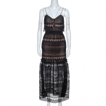 Pre Owned Self Portrait Black Teardrop Guipure Lace Maxi Dress S