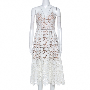 Pre Owned Self Portrait White Floral Guipure Lace Azaelea Midi Dress S