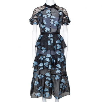 Pre Owned Self-Portrait Black & Blue Floral Fil Coupe Cape Detail Tiered Midi Dress M