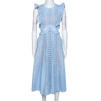 Pre Owned Self-Portrait Blue Floral Embroidered Cotton Cutout Midi Dress S