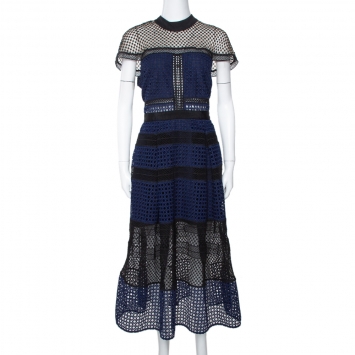 Pre Owned Self Portrait Navy Blue Lace Crosshatch Paneled Midi Dress L