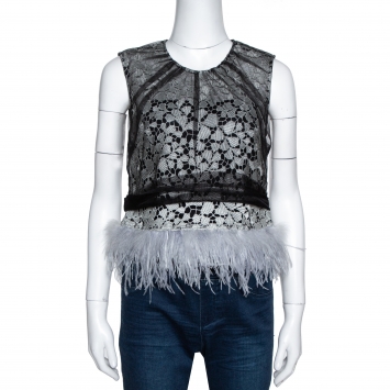 Pre Owned Self-Portrait Black Lace Tulle Overlay Feather Trim Top M