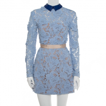 Pre Owned Self-Portrait Blue Guipure Lace Collared Peony Dress S