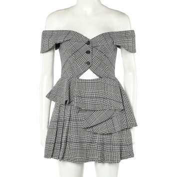 Pre Owned Self Portrait Monochrome Checkered Cutout Detail Off Shoulder Mini Dress S