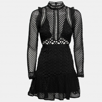 Pre Owned Self-Portrait Black Guipure Lace Hall Mini Dress S