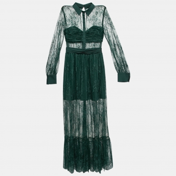 Pre Owned Self-Portrait Green Floral Lace Overlay Maxi Dress S