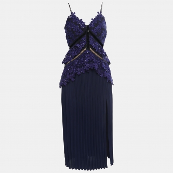 Pre Owned Self-Portrait Blue Guipure Lace Pleated Midi dress S
