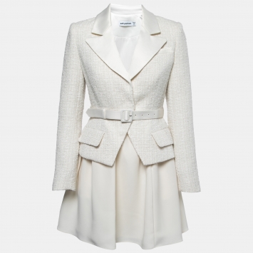 Pre Owned Self-Portrait Cream Boucle Tweed & Crepe Blazer Dress S