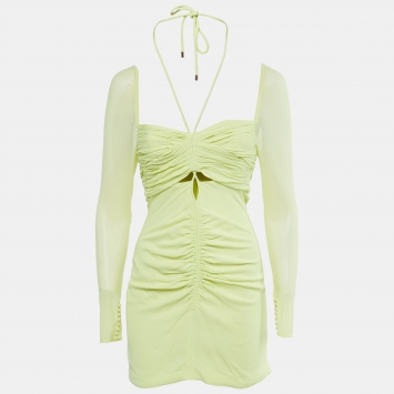 Pre Owned Self-Portrait Lime Yellow Stretch Jersey Cut-Out Ruched Mini Dress S 