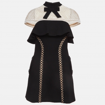 Pre Owned Self-Portrait Black Crepe Lace Trimmed Mini Dress S
