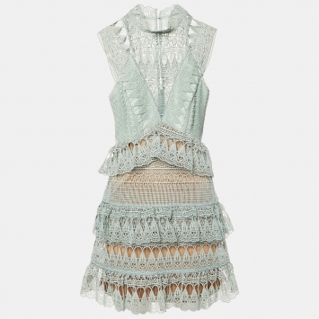 Pre Owned Self- Portrait Mint Green Lace Mini Dress S