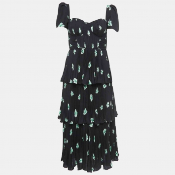 Pre Owned Self-Portrait Black Pansy Print Chiffon Tiered Midi Dress M