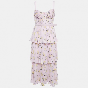 Pre Owned Self-Portrait Pink Floral Print Satin Tiered Plisse Midi Dress M