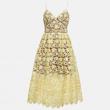 Pre Owned Self-Portrait Yellow Guipure Lace Azaelea Midi Dress S