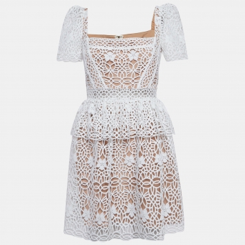 Pre Owned Self-Portrait White Guipure Lace Tiered Mini Dress M