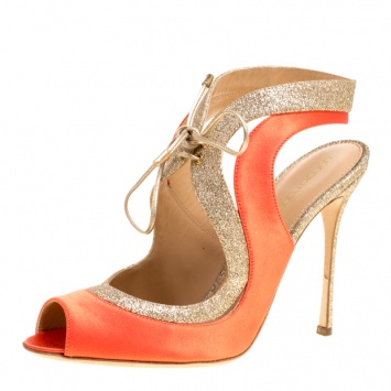 Pre Owned Sergio Rossi Orange Satin And Glitter Yin Yang Lace Up Sandals Size 39