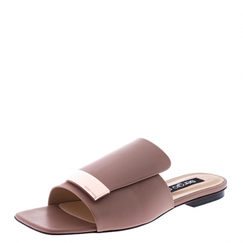 Pre Owned Sergio Rossi Beige Nude Leather SR1 Slide Flats Size 39