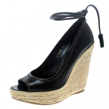Pre Owned Sergio Rossi Black Leather Peep Toe Espadrilles Wedge Pumps Size 36.5