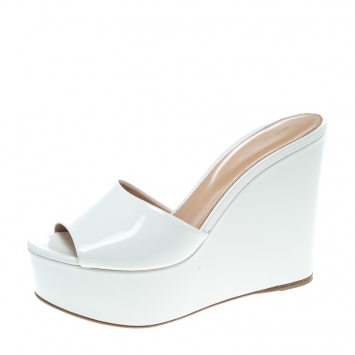 Pre Owned Sergio Rossi White Patent Leather Lakeesha Wedge Slides Size 39