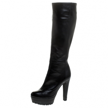 Pre Owned Sergio Rossi Black Leather Zip Platform Knee Length Boots Size 36