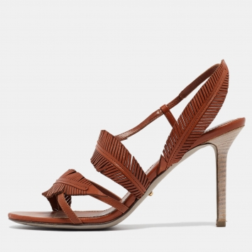 Pre Owned Sergio Rossi Brown Leather Leaf Detail Slingback Sandals Size 37