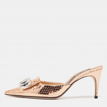 Pre Owned Sergio Rossi Metallic Python Embossed SR1 Pointed Toe Mules Size 37