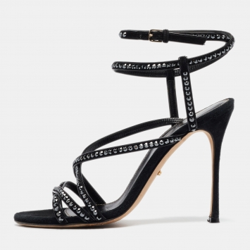 Pre Owned Sergio Rossi Black Patent Leather and Suede Crystals Embellished Ankle Wrap Sandals Size 36