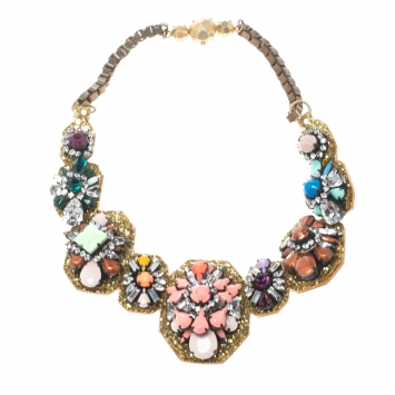 Pre Owned Shourouk Multicolor Crystal Embellished Gold Tone Collar Necklace 