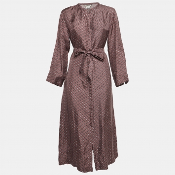 Pre Owned S'Max Mara Pink Geometric Printed Silk Belted Midi Shirt Dress L