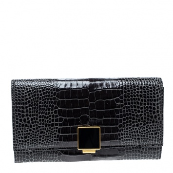 Pre Owned Smythson Dark Grey Croc Embossed Leather Continental Wallet
