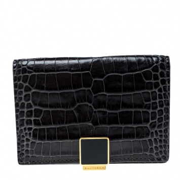 Pre Owned Smythson Dark Grey Croc Embossed Leather Card Holder