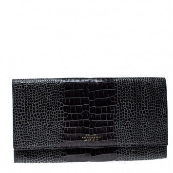 Pre Owned Smythson Dark Grey Croc Embossed Leather Travel Clutch