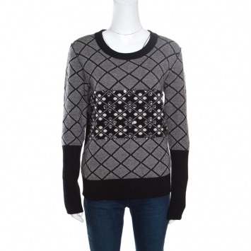 Pre Owned Sonia Rykiel Monochrome Diamond Pattern Wool Embellished Crew Neck Sweater L