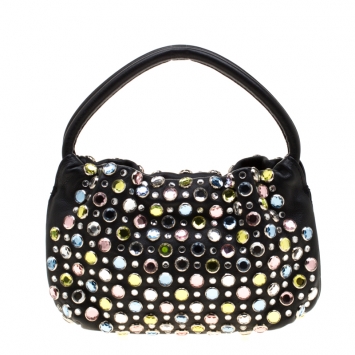 Pre Owned Sonia Rykiel Black Leather Colorful Crystal Embellished Shoulder Bag 