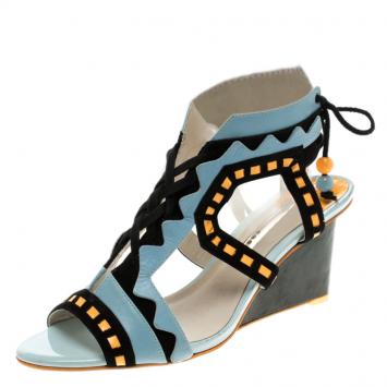 Pre Owned Sophia Webster Multicolor Leather And Suede Raya Wedge Sandals Size 40.5