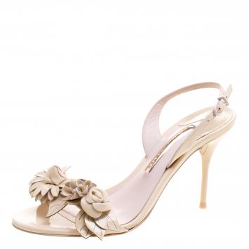 Pre Owned Sophia Webster Beige Patent Leather Lilico Floral Embellished Slingback Sandals Size 38