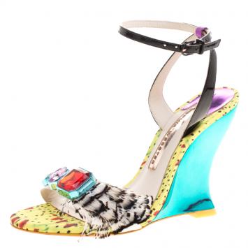 Pre Owned Sophia Webster Multicolor Leather Alyssa Feather Embellished Ankle Strap Wedge Sandals Size 36