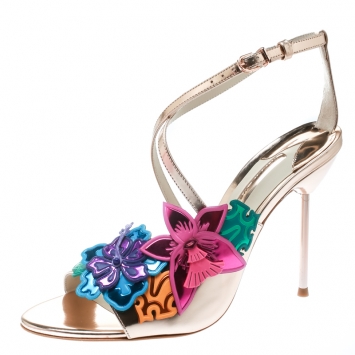 Pre Owned Sophia Webster Rose Gold Leather Hula Floral Embellished Crisscross Sandals Size 40.5